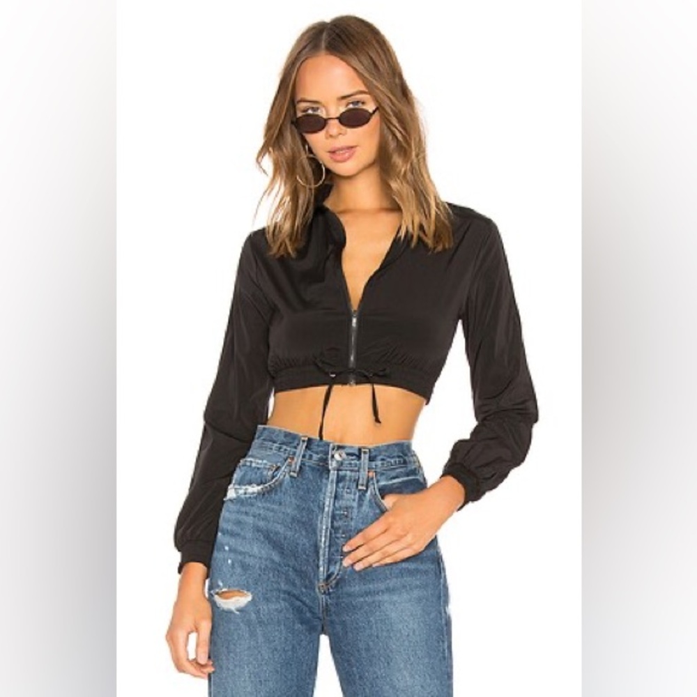 Lovers + Friends Liz Track Jacket Black Cropped Zip Top Size Large